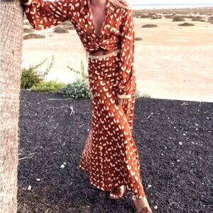 NWT Zara Linen Blend Beaded Maxi Skirt and Top Set in Terracotta